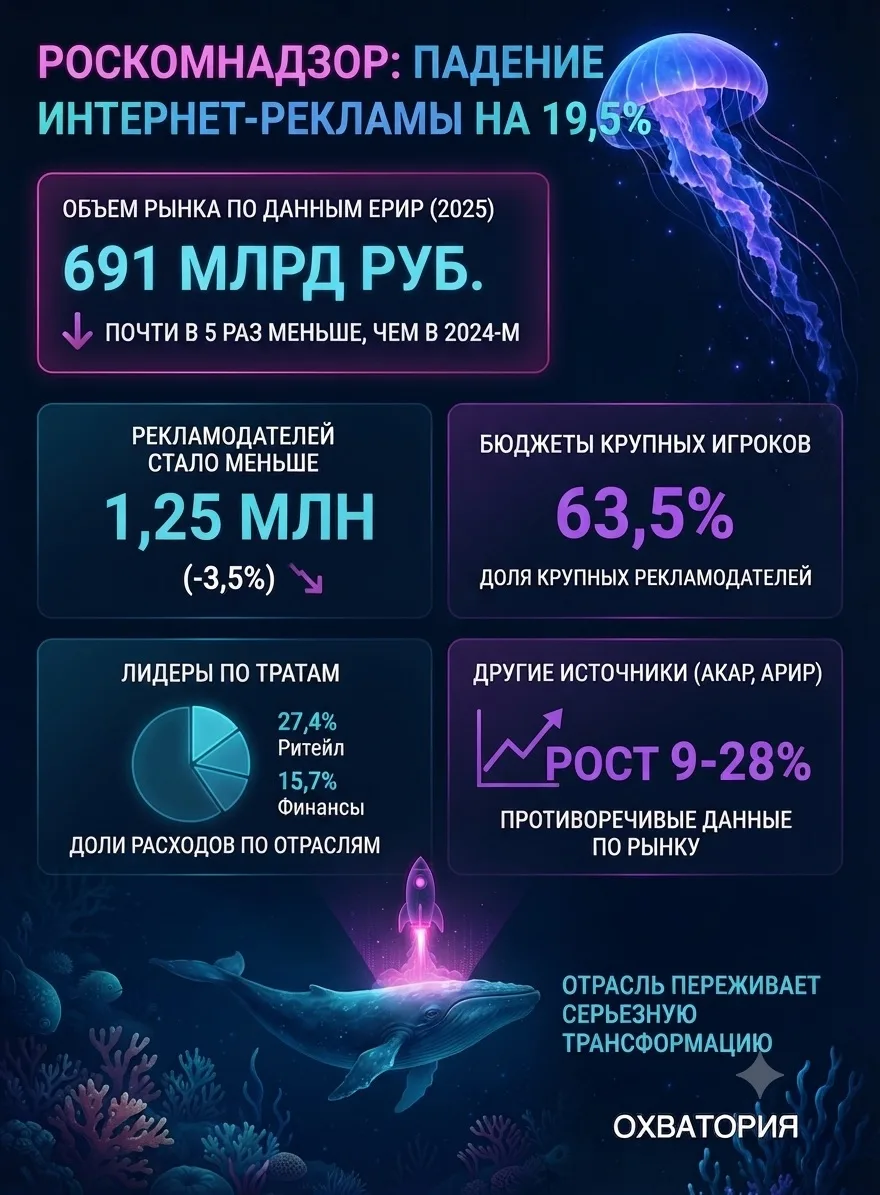 📉 РКН зафиксировал падение интернет-рекламы на 19,5%